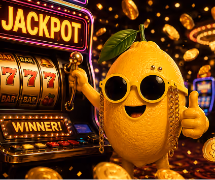 Lemon character with sunglasses giving thumbs up next to slot machine showing jackpot 777 winner.