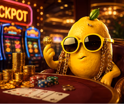 Lemon character with sunglasses and gold chains holding a poker chip at a casino poker table.