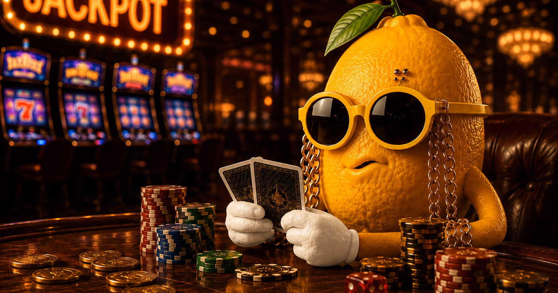 Anthropomorphic lemon with sunglasses playing cards at a casino table with chips and slot machines.