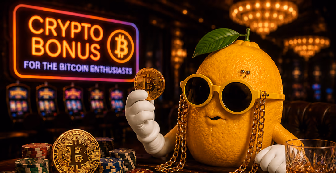 Lemon with sunglasses holding a bitcoin coin sitting at a casino table with chips and a crypto bonus sign.