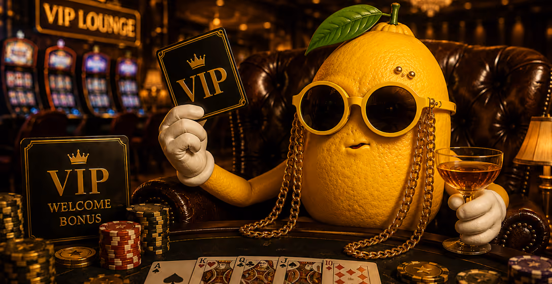 Lemon character with sunglasses, holding VIP card and cocktail, sitting at poker table with cards and chips.