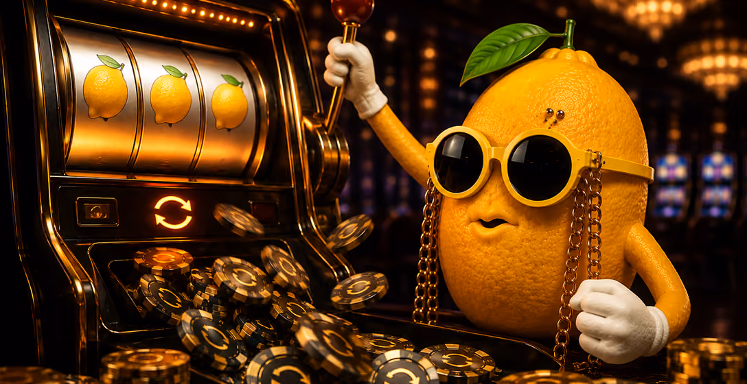 Anthropomorphic lemon wearing yellow sunglasses wins at slot machine with lemon symbols and chips.