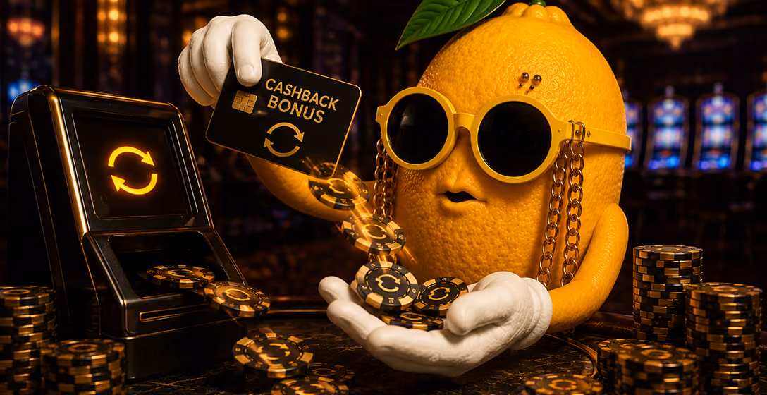 Cartoon lemon wearing sunglasses holds a cashback bonus card pouring poker chips near a slot machine.