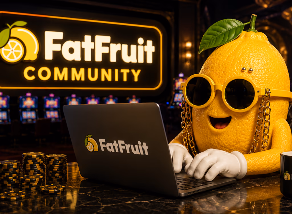 Personified lemon character with sunglasses and gloves using a laptop in a casino setting.