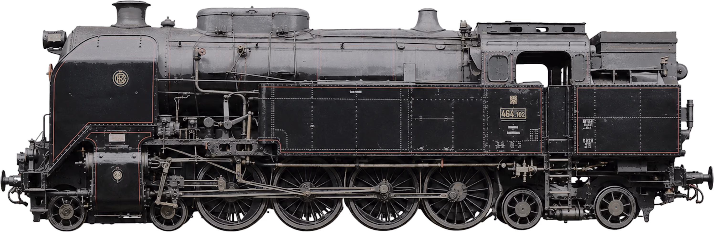 Side view of a vintage black steam locomotive with large wheels and detailed machinery.