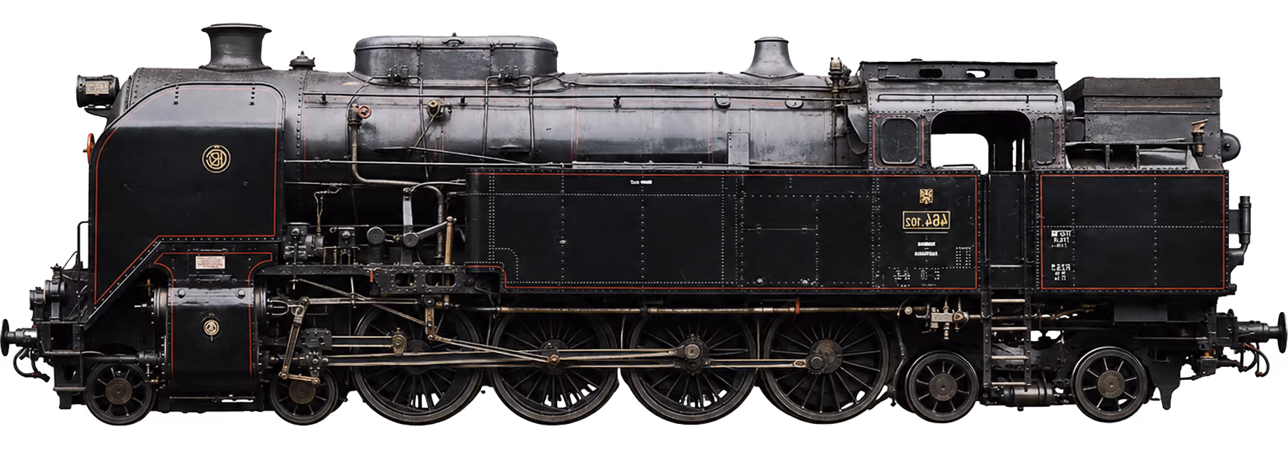 Side view of a vintage black steam locomotive with large wheels and detailed machinery.