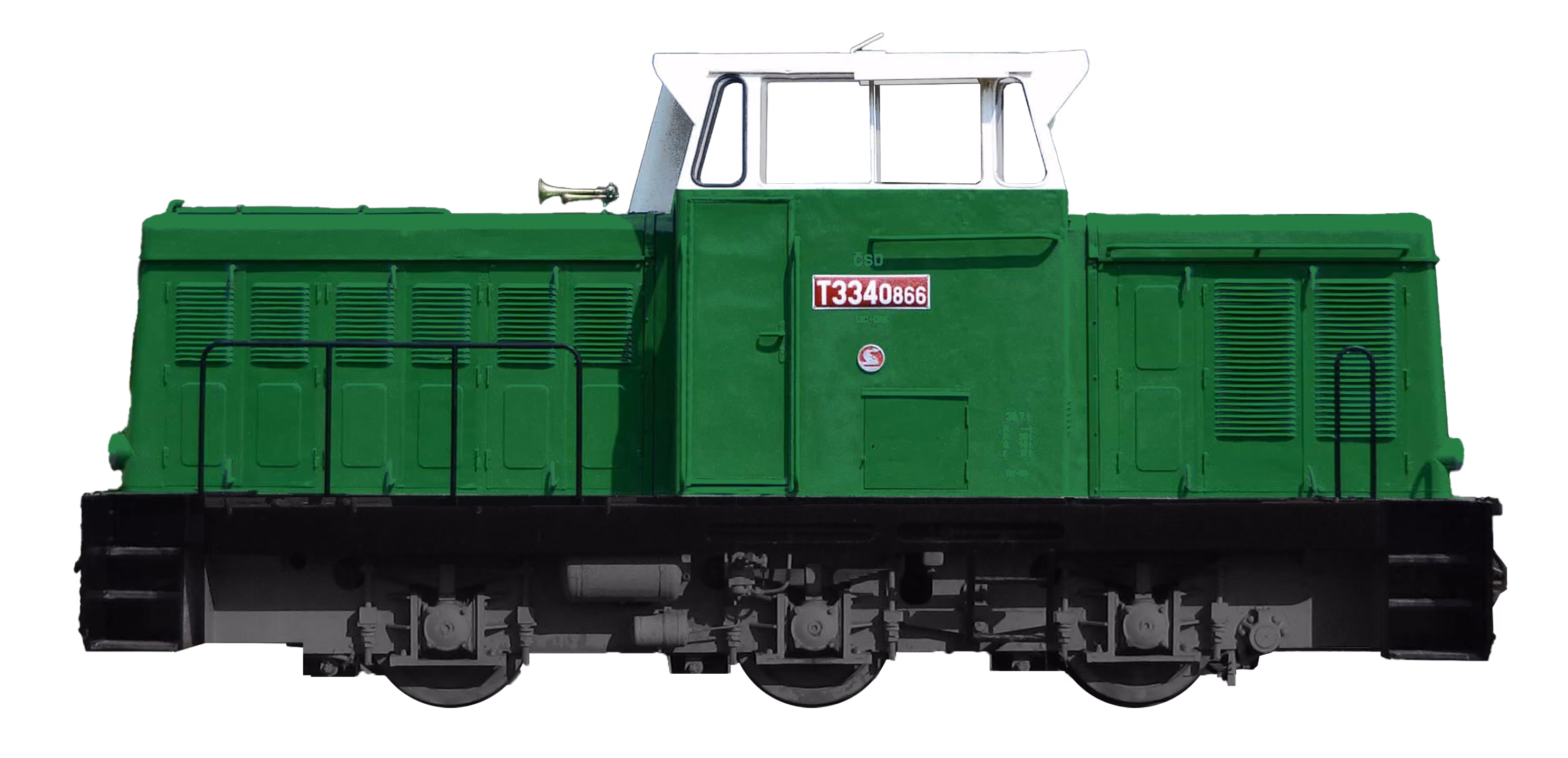 Green diesel locomotive with white cabin and identification number T3340866 on side.