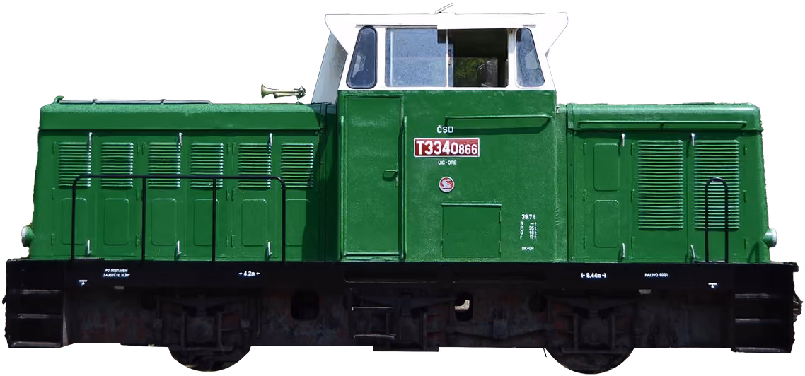 Green diesel locomotive with white cabin and identification number T3340866 on side.