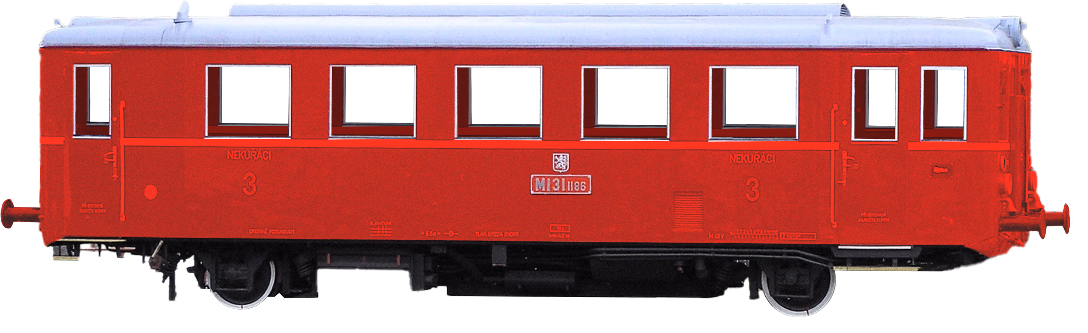 Vintage red railcar with white roof, six windows, and black wheels on a transparent background.