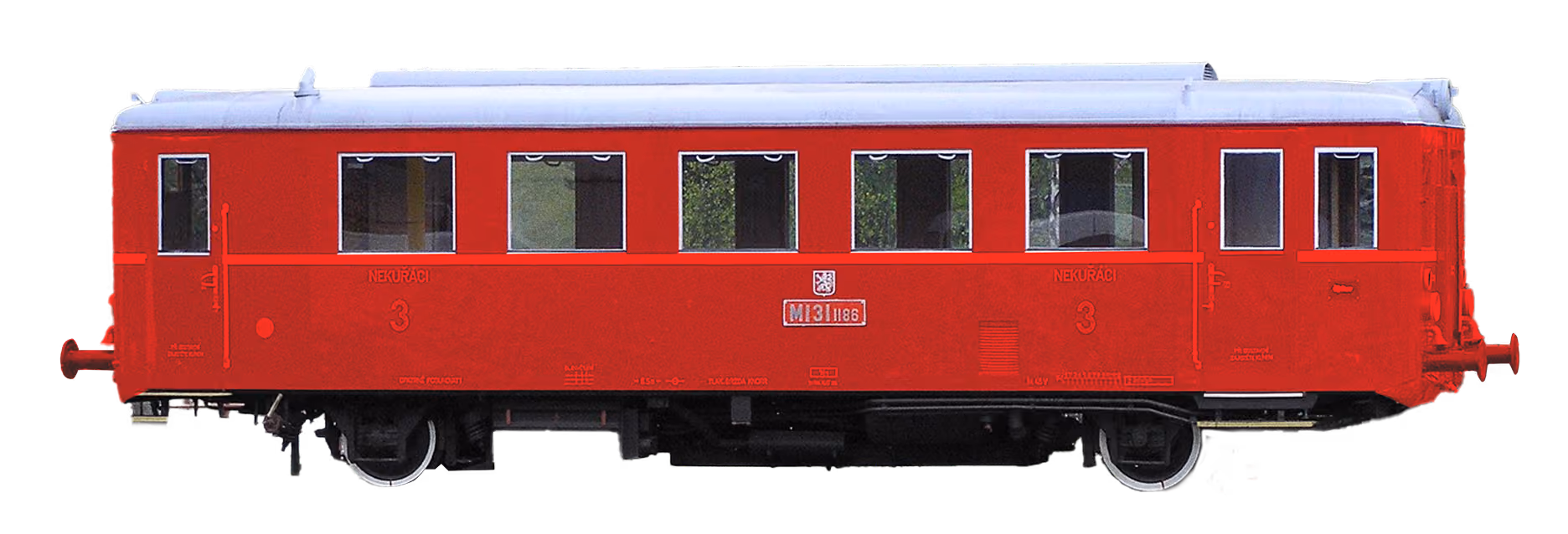 Vintage red railcar with white roof, six windows, and black wheels on a transparent background.