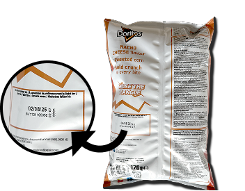 Back of a Doritos Nacho Cheese flavor bag showing nutrition facts and a close-up of the expiration date.