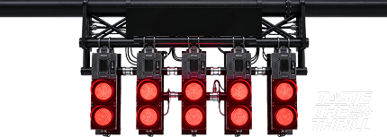 Six red traffic lights hanging with text 'TASTE THE THRILL' on the right side.