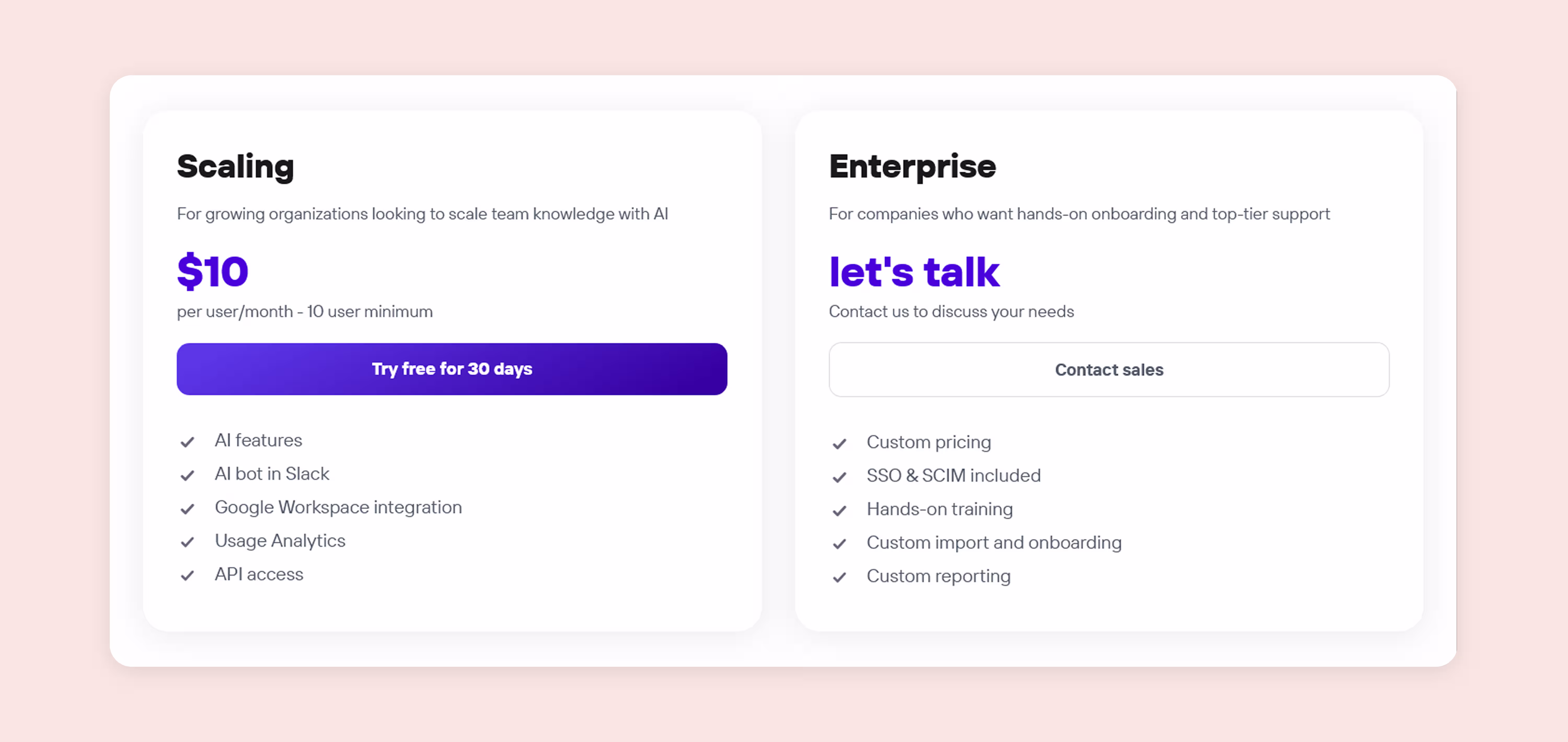 A screenshot of Tettra's pricing.