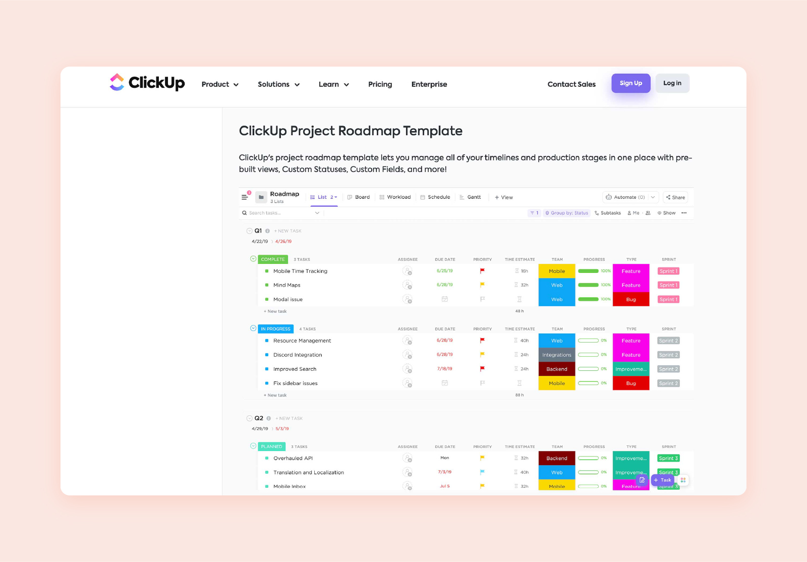 Screenshot of ClickUp’s project roadmap template