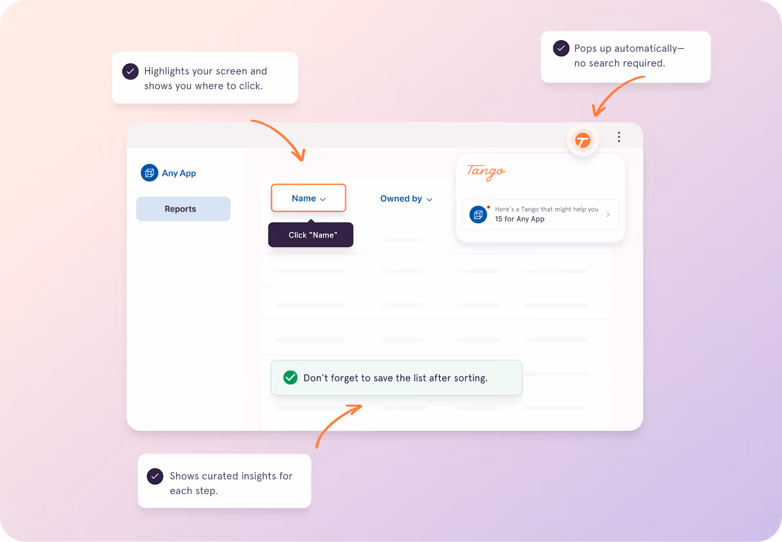 A screenshot from Tango of an interactive walkthrough telling you exactly what to do and where to click, without ever leaving your screen.