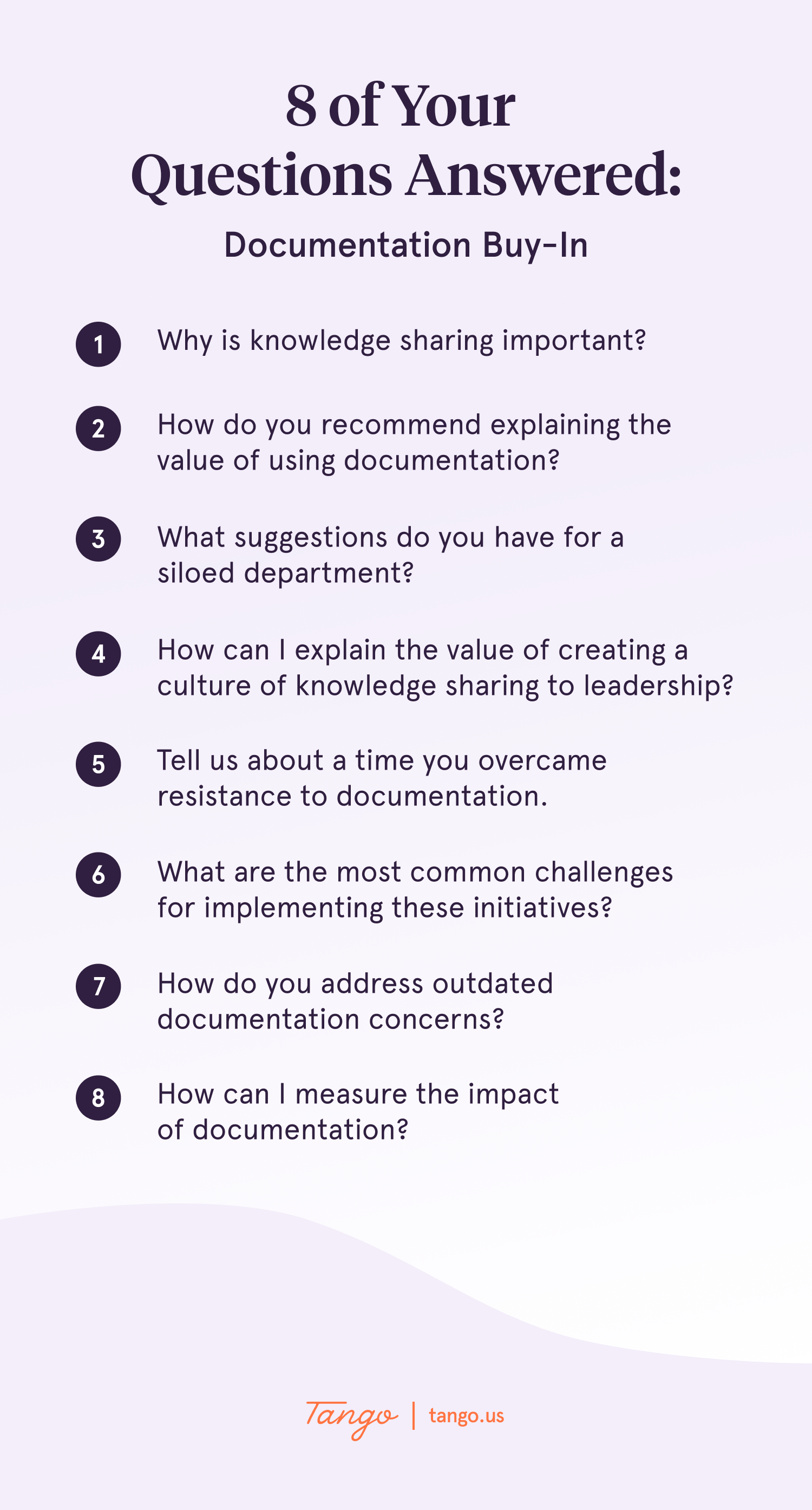 A Tango-branded graphic listing the 8 questions on documentation buy-in answered in the blog