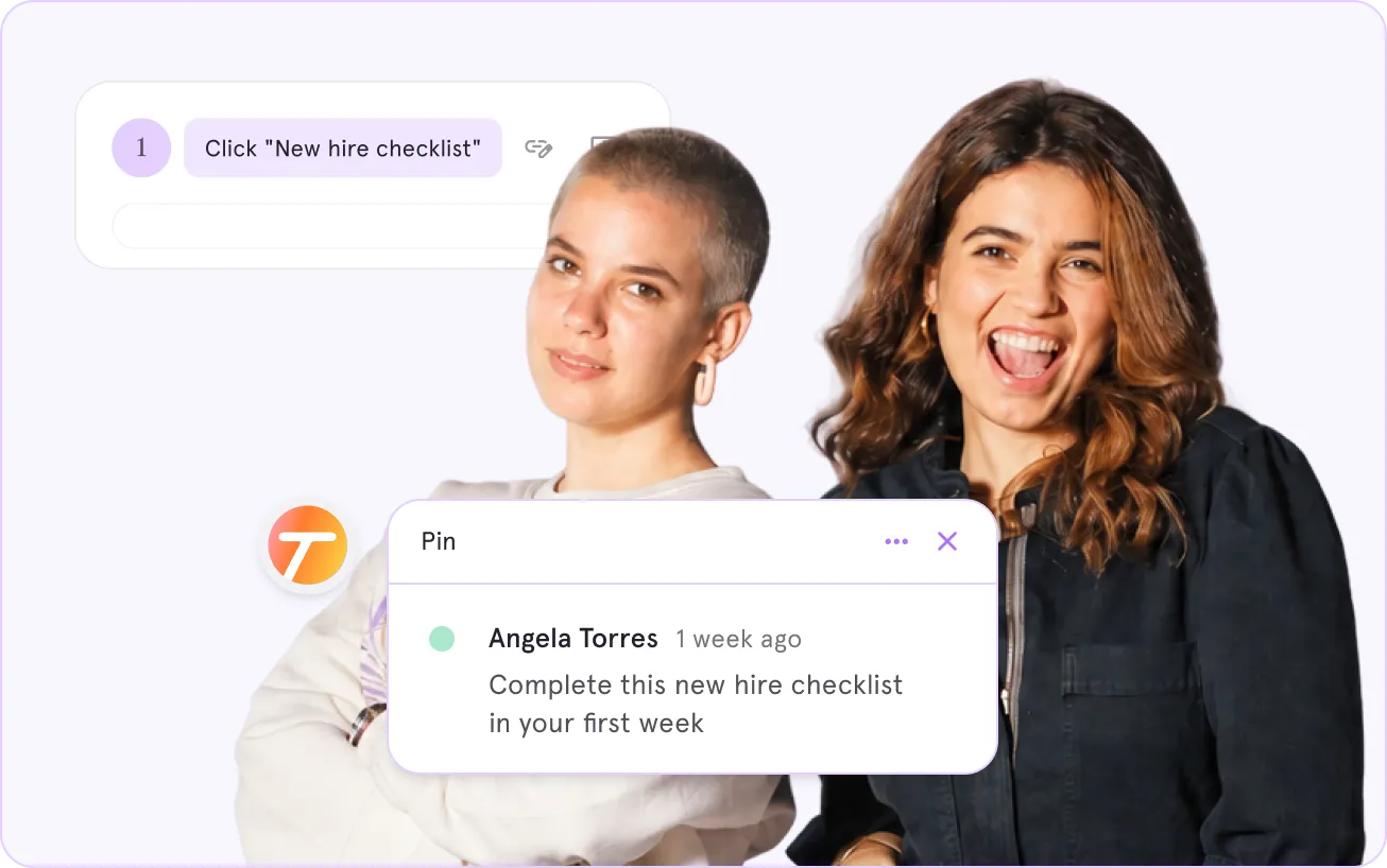Two people smiling with task note on the new hire checklist by Angela Torres in a digital interface.