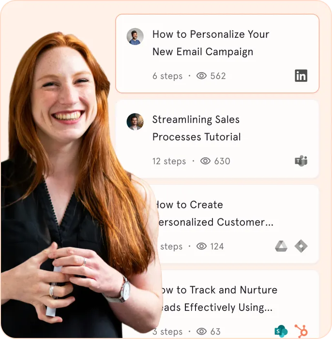 Smiling red-haired woman in black sleeveless top stands next to a list of online tutorials with steps and views.