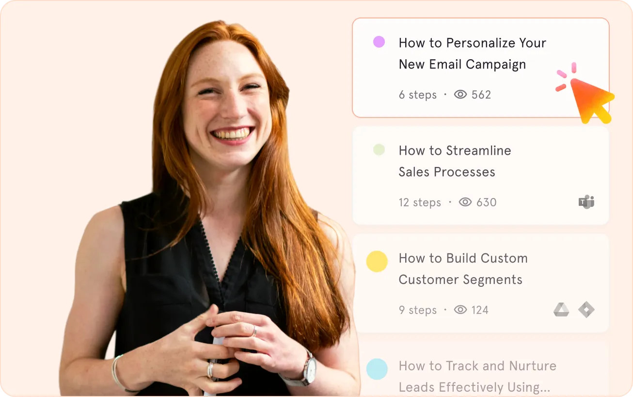 Smiling woman with red hair next to a dashboard listing email campaign and sales process tutorials.