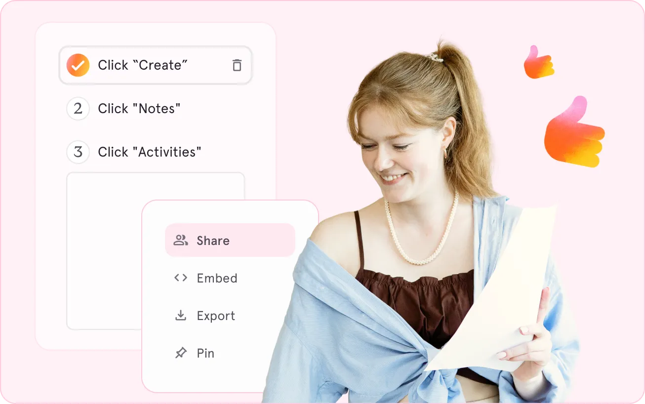 Smiling woman holding papers with app interface showing create, notes, activities, and share options.