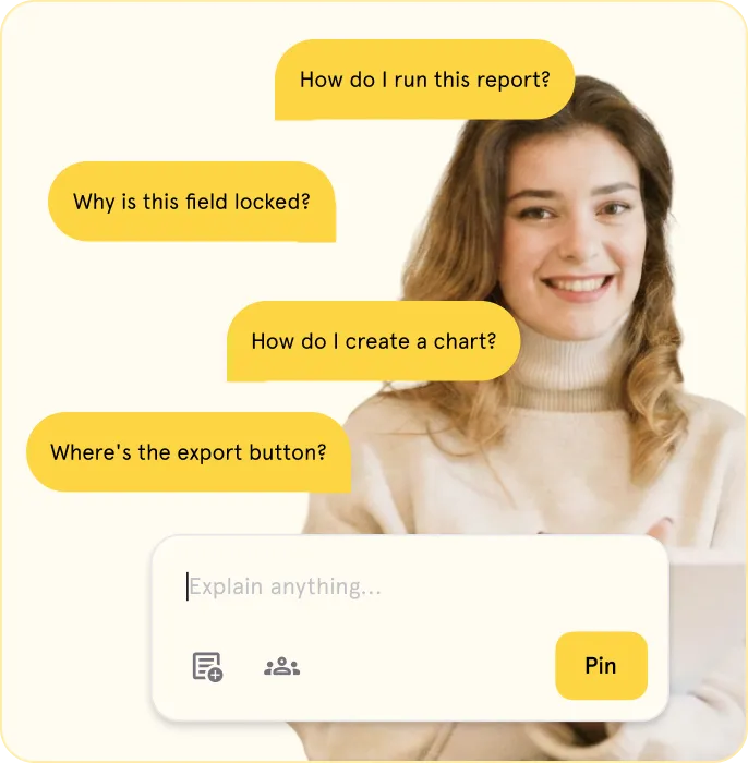 Smiling woman with chat bubbles asking about reports, charts, locked fields, and export buttons.