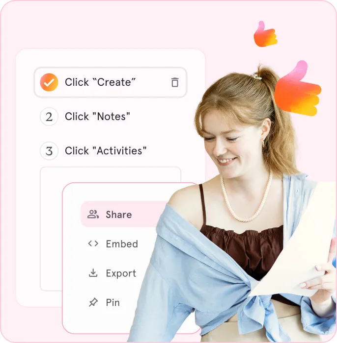 Smiling woman holding papers with UI showing steps to click Create, Notes, Activities, and Share options.