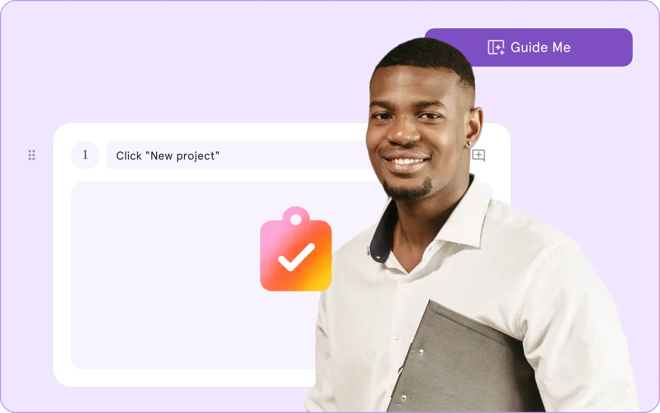Smiling man in white shirt holding a folder with a task interface that says 'Click New project'.