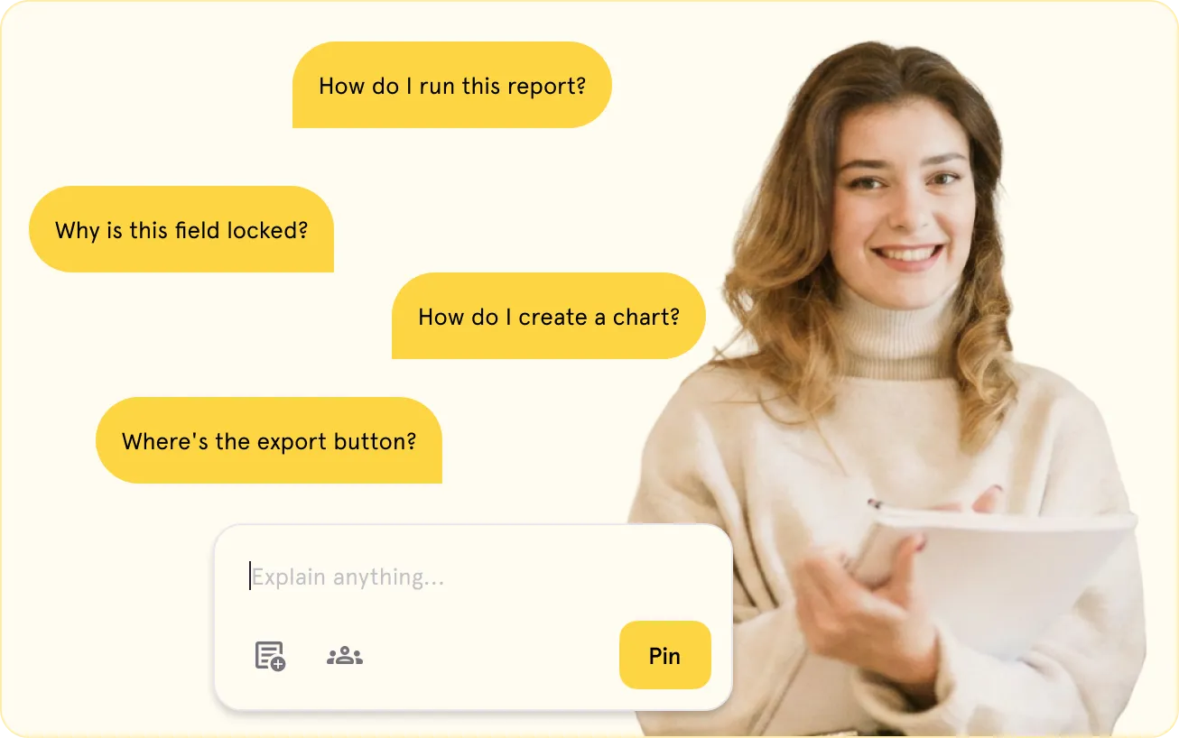 Smiling woman holding tablet with helper text bubbles asking about reports, charts, locked fields, and export buttons.