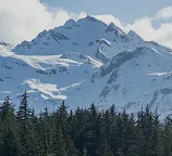 Snow-capped mountain peaks above a dense forest of evergreen trees under a partly cloudy sky.