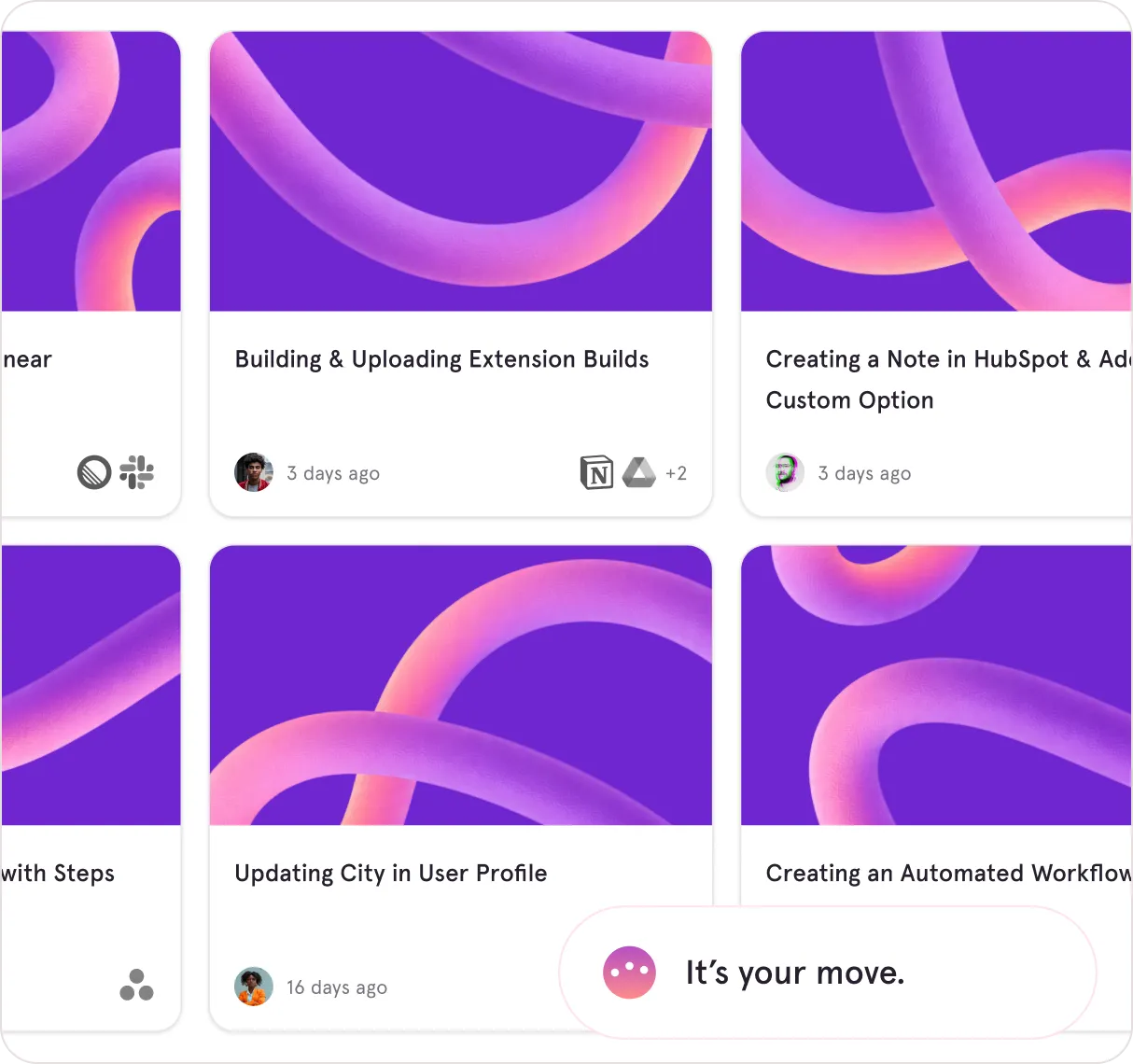 Grid of cards with purple and pink twisted shapes and titles about building and updating extensions and profiles.
