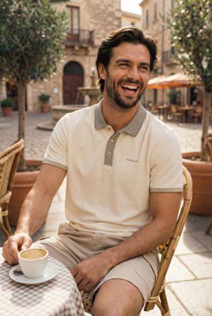 Merkmodel op een terras met een kop koffie, in een crèmekleurige polo
