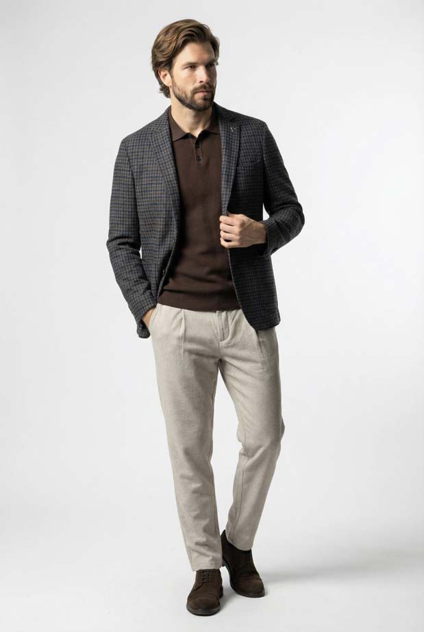 Man with brown hair and beard wearing a dark checked blazer over a brown polo shirt, beige pants, and brown shoes, standing against a plain light background.