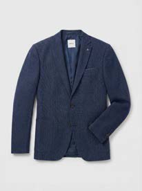 Navy blue blazer with two buttons and a notched lapel, displayed on a light gray background.