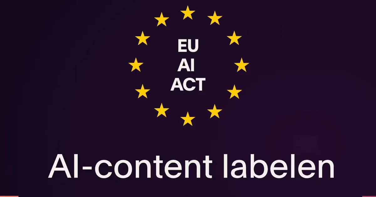 Dark background with a circle of twelve yellow stars surrounding the white text 'EU AI ACT', above the phrase 'AI-content labelen' in large white font.