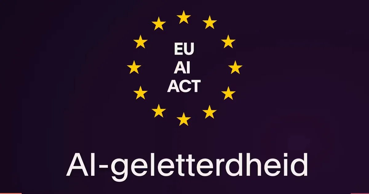 EU AI ACT text surrounded by twelve yellow stars forming a circle on a dark background, with the word AI-geletterdheid below.