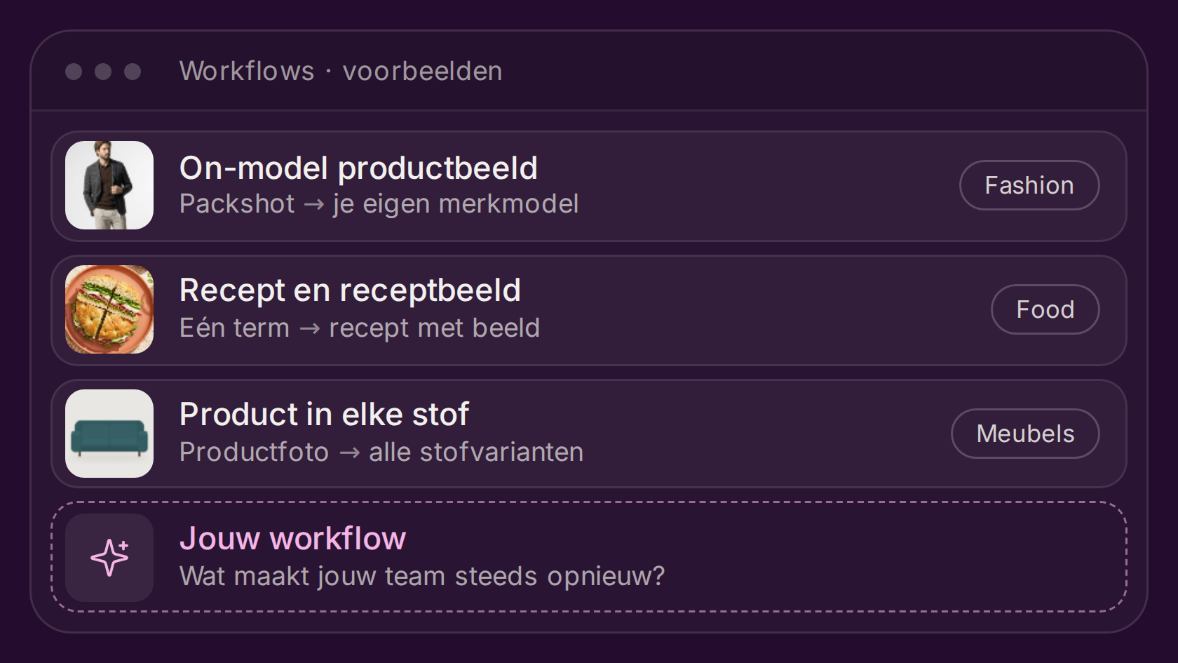 User interface showing a list titled 'Workflows examples' with three workflow items: a man modeling clothing labeled Fashion; a sliced sandwich labeled Food; and a green sofa labeled Meubels, plus an option to create a custom workflow with the prompt 'What does your team repeatedly create?'