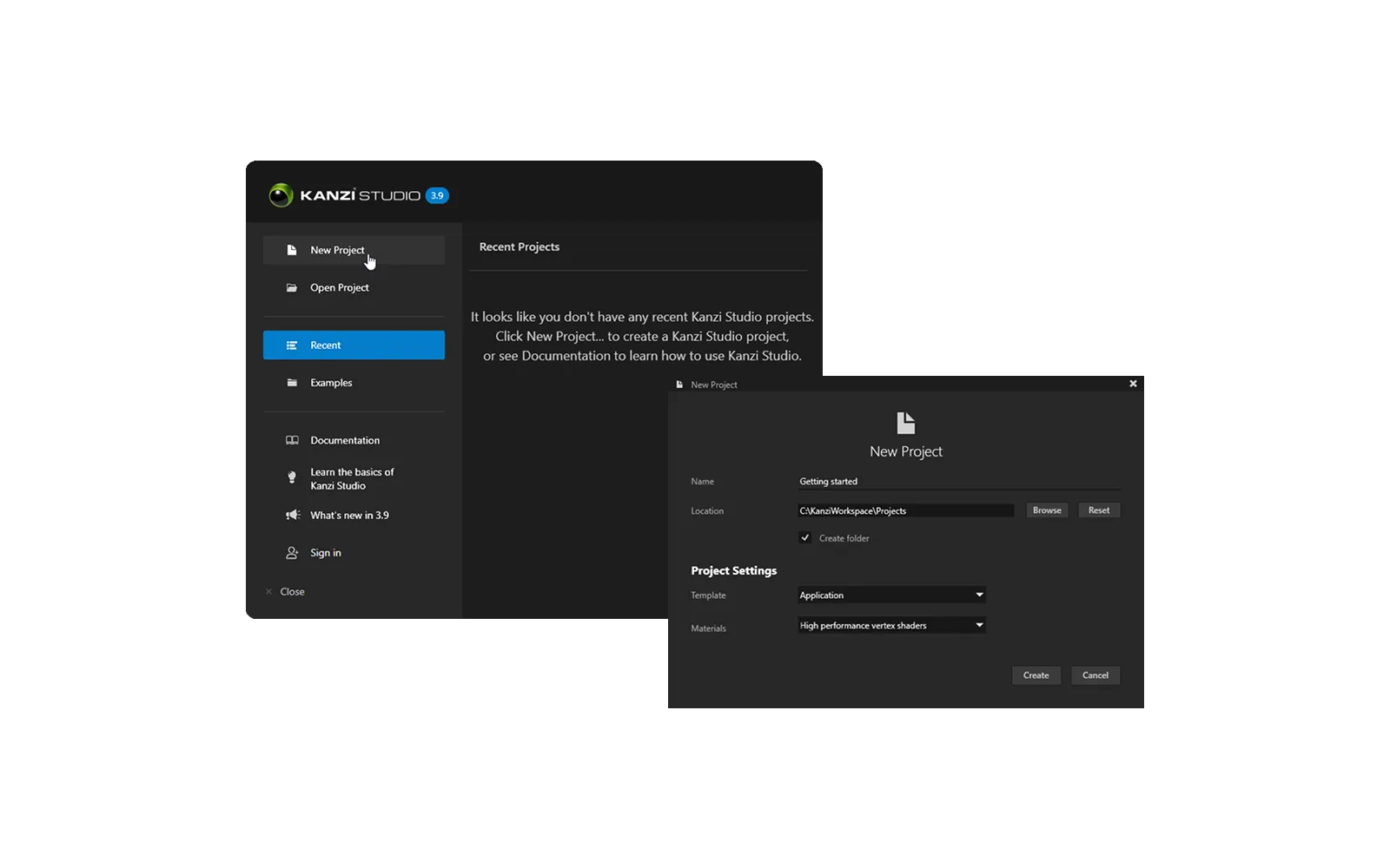 Previous Kanzi project creation interface