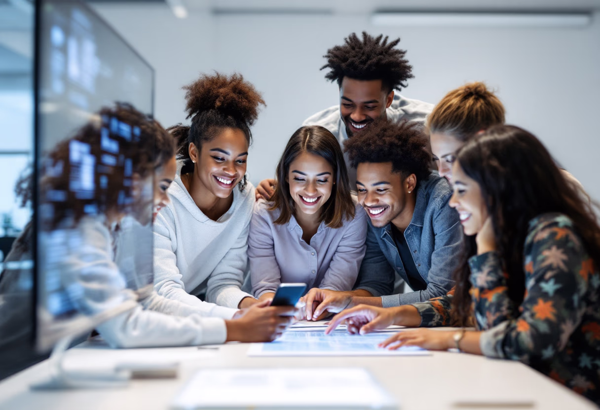 image of students collaborating on a digital project in a technology lab