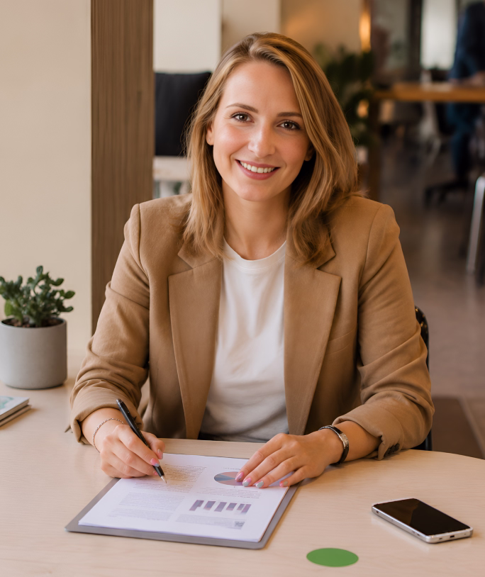 Consultant completing paperwork at a desk