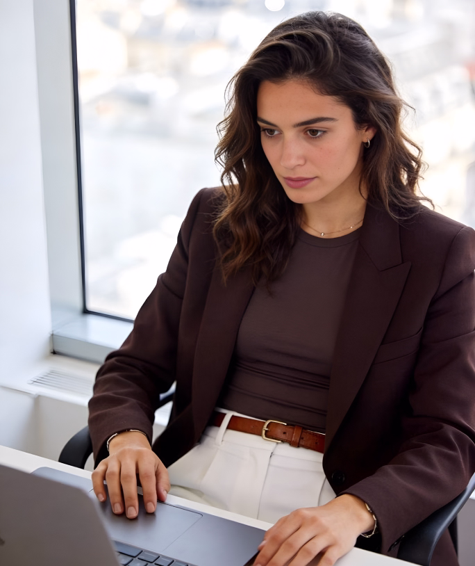 Analyst working at a laptop by a window