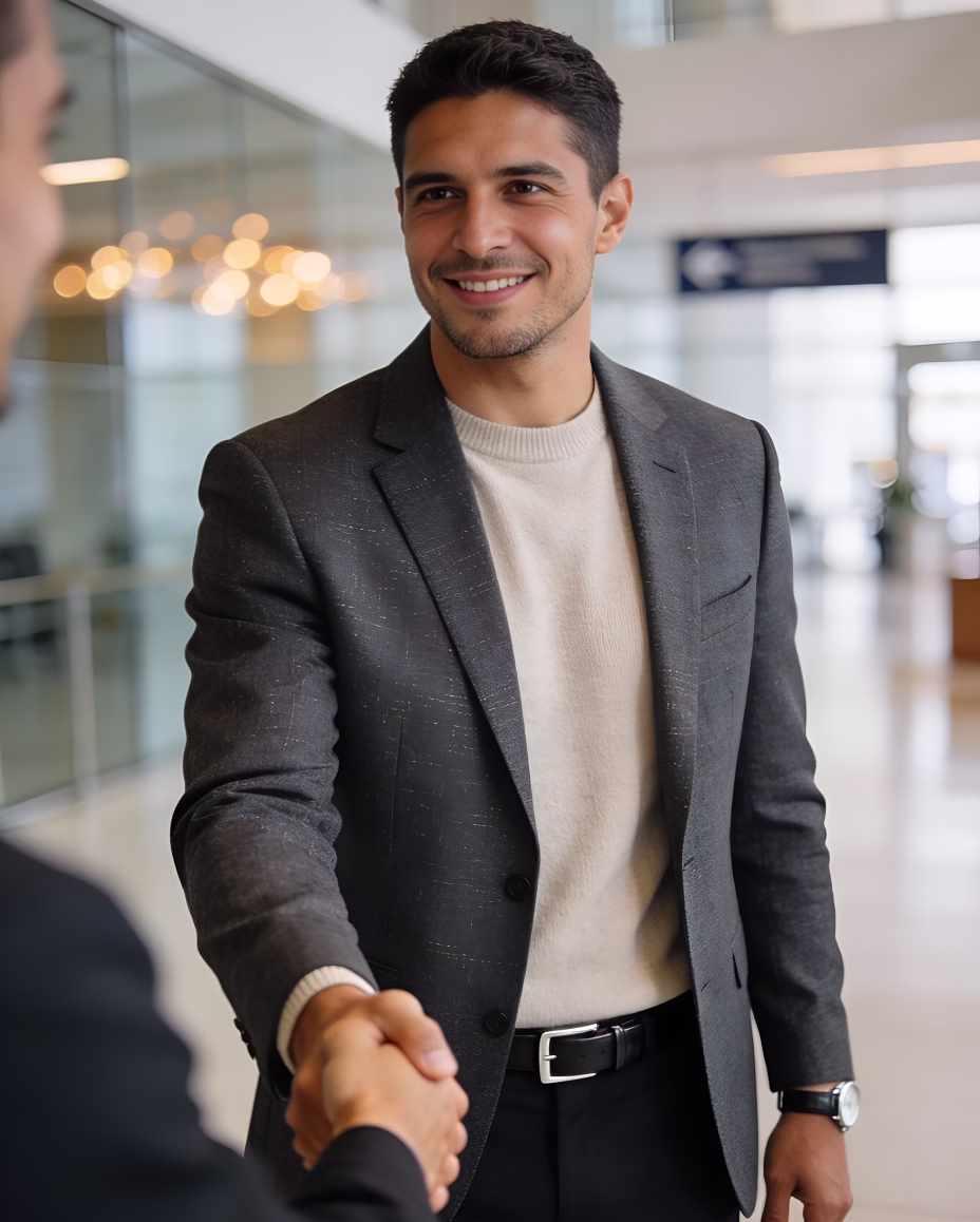 Financial adviser greeting a client in the office