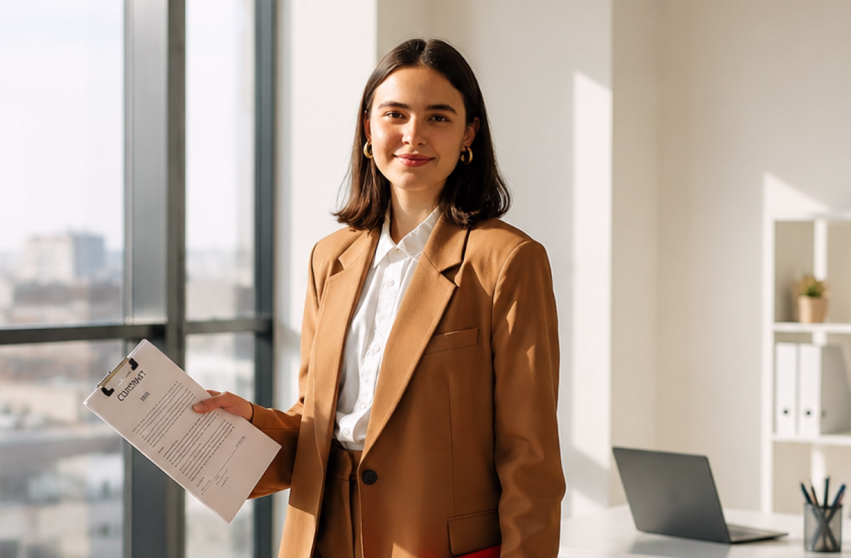 Financial consultant reviewing documents in a modern office