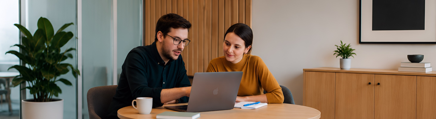 Two colleagues reviewing plans together at a table