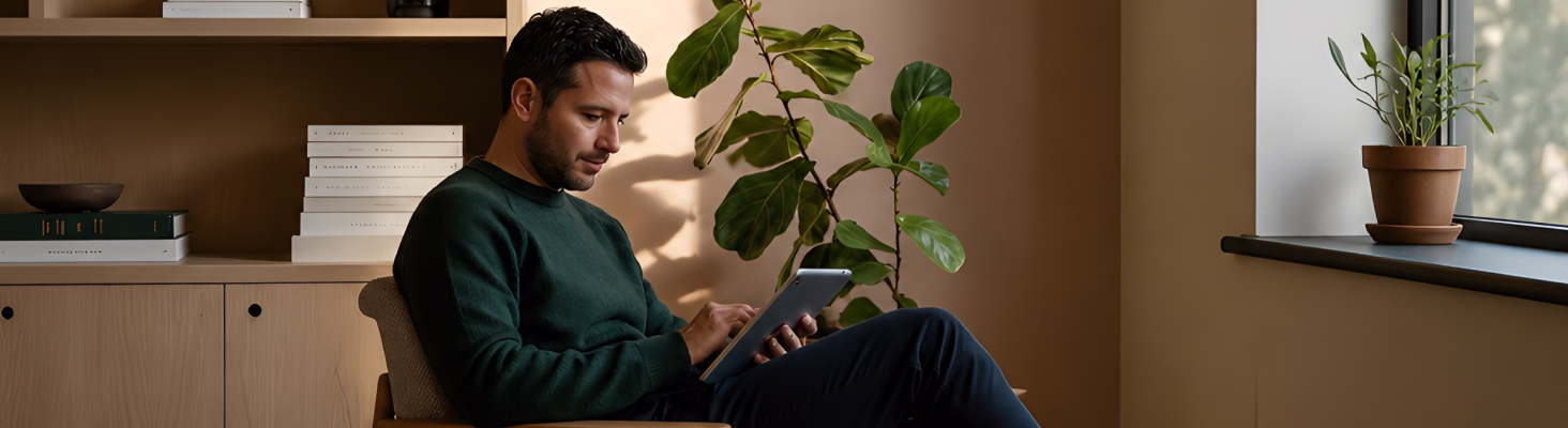 Man reviewing documents on a tablet in a relaxed setting