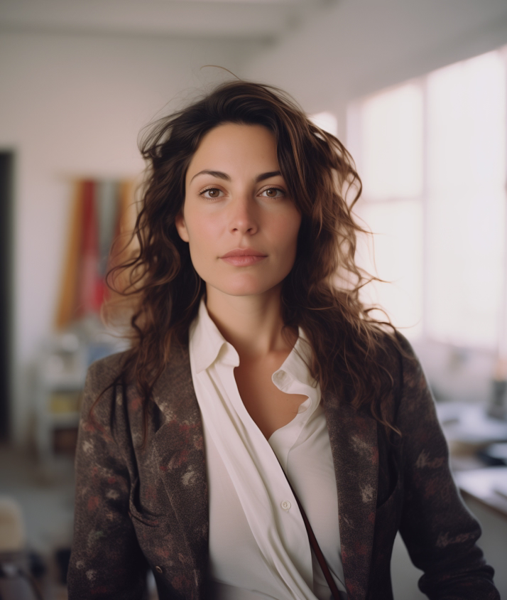Portrait of a woman with wavy brown hair wearing a white shirt and patterned blazer, standing in a softly lit indoor setting.