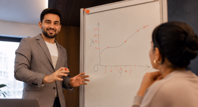 Consultant presenting a financial plan at a whiteboard