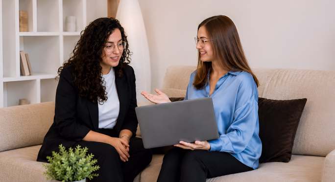 Adviser and client talking through finances on a sofa