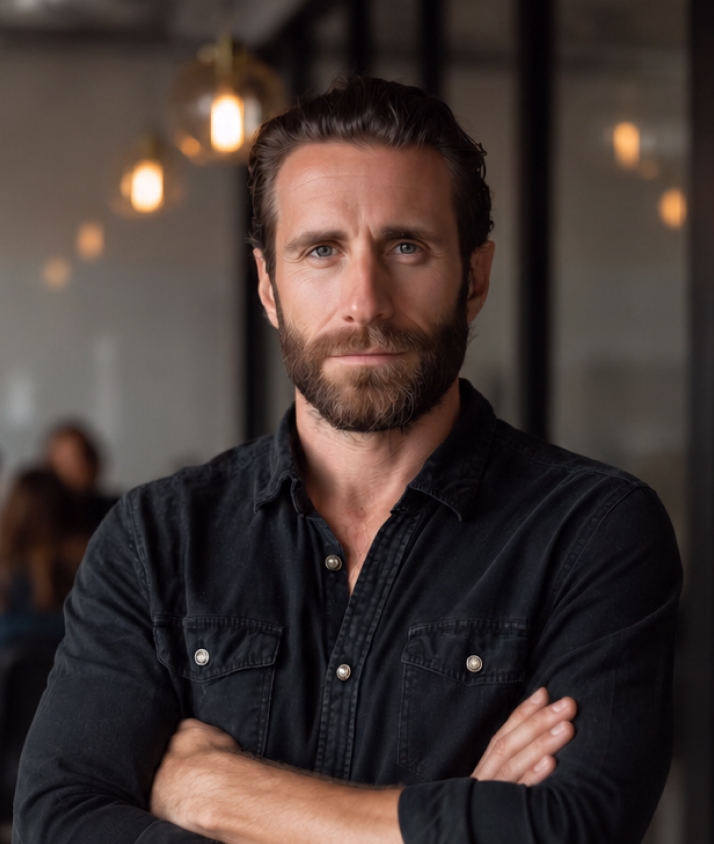 Confident bearded man with blue eyes wearing a black button-up shirt, standing with arms crossed in a modern indoor setting with blurred lights and people in the background.