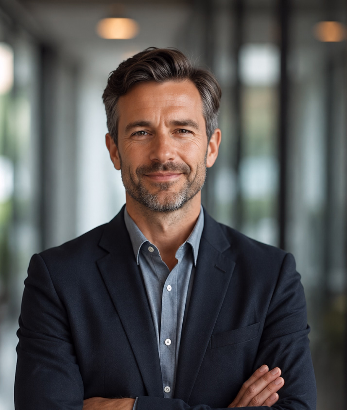 Confident middle-aged man with salt-and-pepper hair and beard wearing a dark blazer and light blue shirt standing with arms crossed in a modern office hallway.