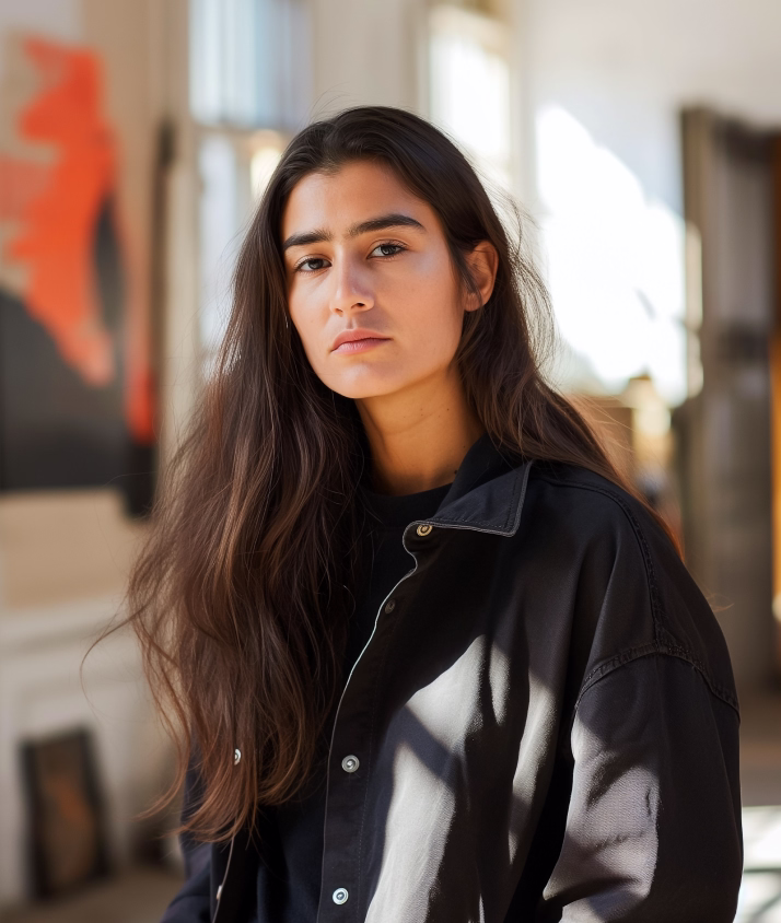 Young woman with long dark hair wearing a black jacket indoors, looking directly at the camera with a neutral expression.